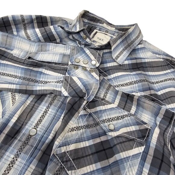 BKE Slim Fit Pearl Snap Button Up Shirt XL Long Sleeve Gray‎ Blue Plaid Western - Picture 1 of 5